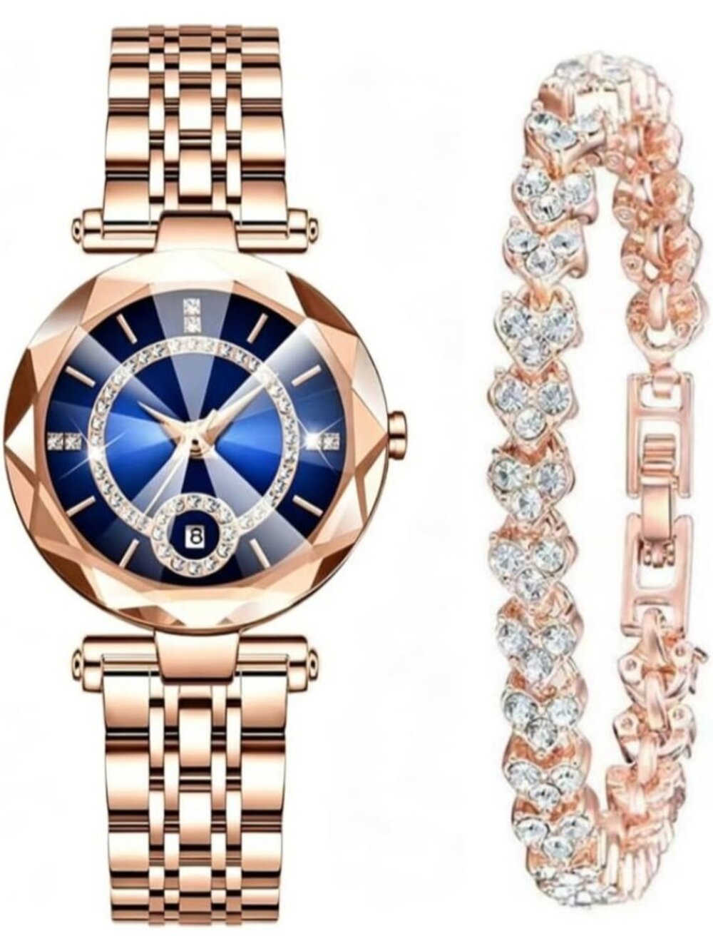Women's Rose Blue Rhinestone Bracelet Creative Stainless Steel Strap Wristwatch